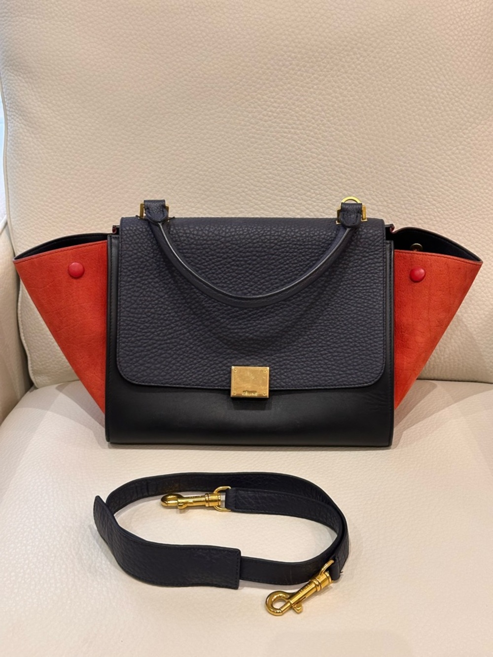 Celine Tricolor Trapeze Satchel in Black, Navy & Red /Size Small - Picture 9 of 15
